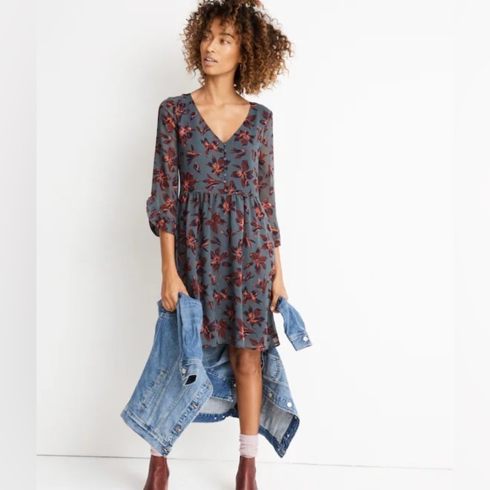 Madewell Moon Blossom Dress Ruffle Sleeves Winter Orchid 3/4 Sleeves Size 4